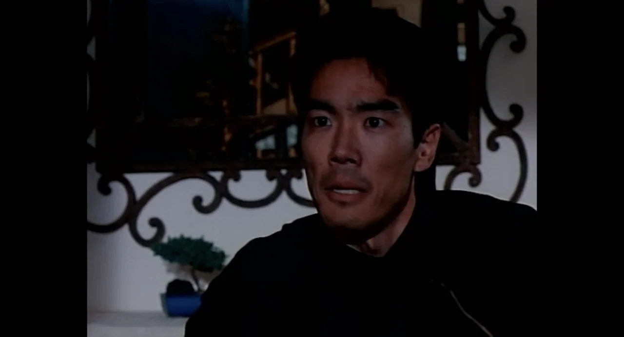 American Yakuza (1993) movie still: closeup — A dark indoor setting features a decorative wrought-iron wall accent and a small bonsai plant. A man…