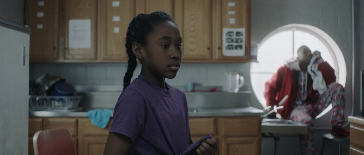 The Fits (2016) movie still: medium — A residential kitchen features oak cabinetry, a silver sink, and a circular window. A young girl stands in the…