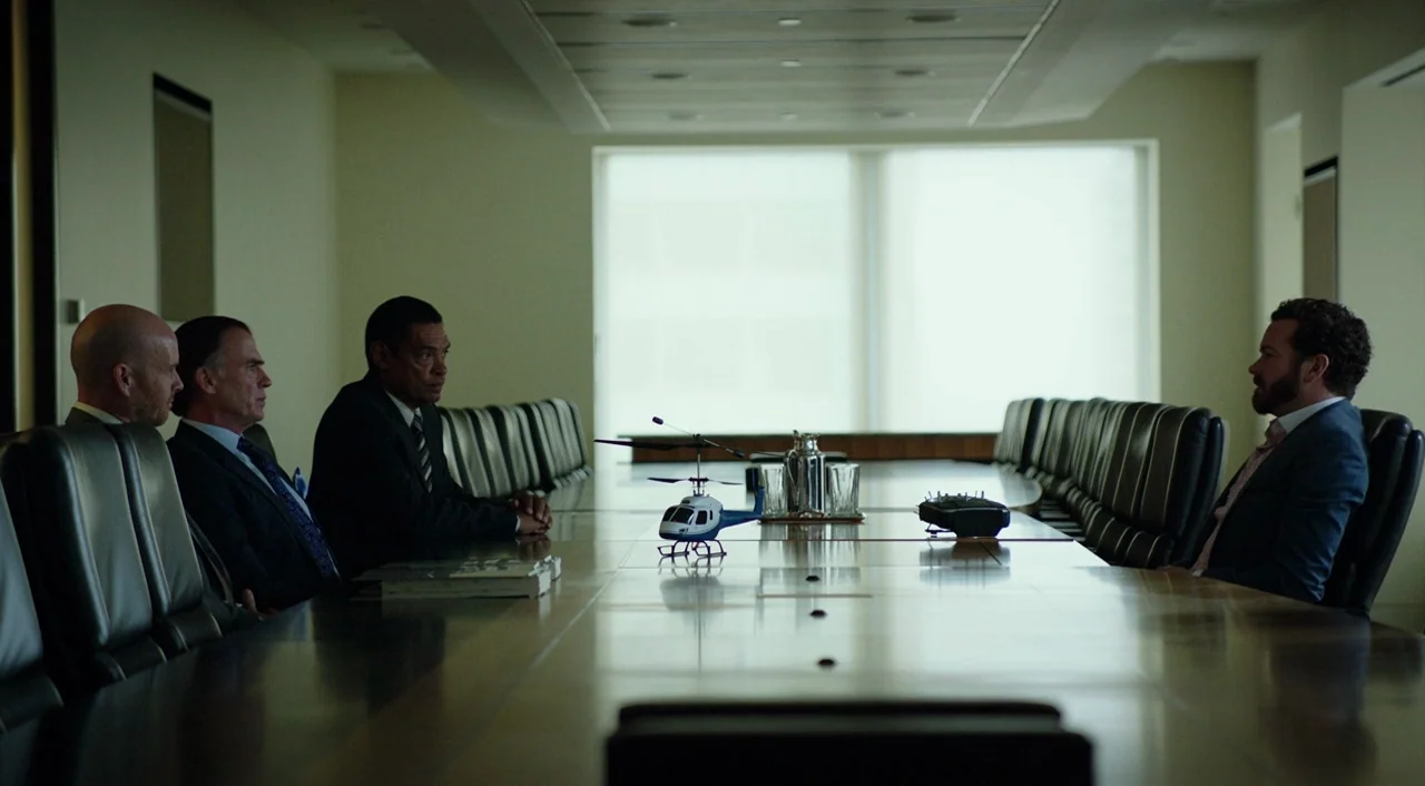 Urge (2016) movie still: wide — A spacious conference room contains a polished long table and many leather chairs. Four men are seated around the…