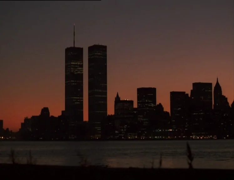 The Brother From Another Planet (1984) movie still: establishing — The New York City skyline is silhouetted against a dark orange dusk horizon line.…