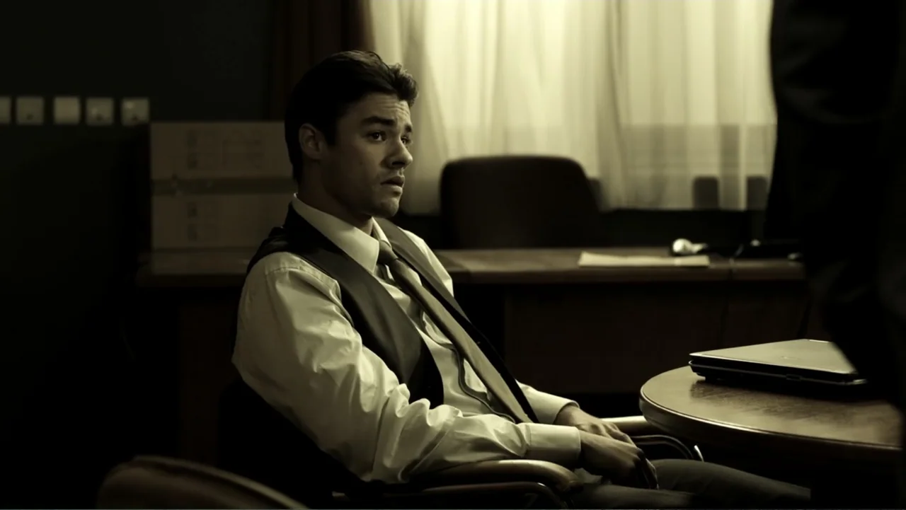 Assassination Games (2011) movie still: medium — An office interior contains a wooden desk with a laptop and a window. A man wearing a vest and tie…