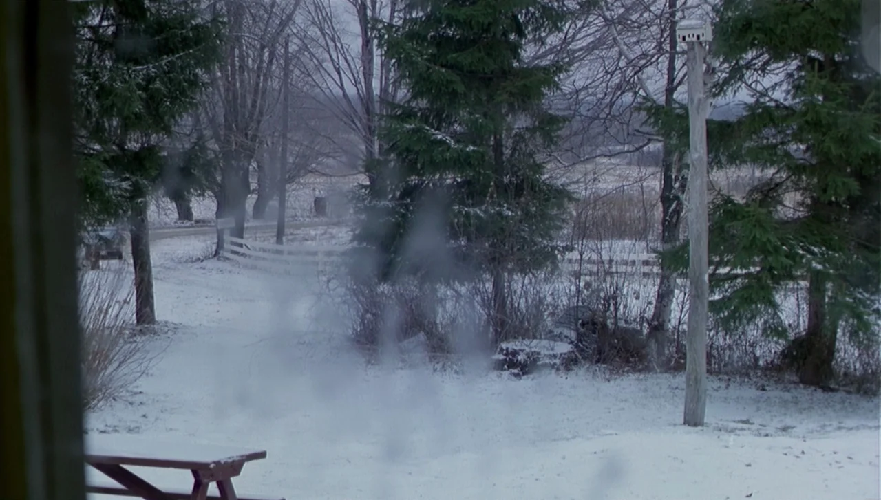 The Dead Zone (1983) movie still: establishing — A snow-covered rural yard features a wooden birdhouse on a post and bare trees. A picnic table sits…