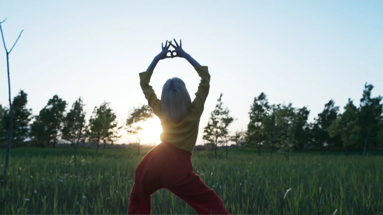 Victoria's Secret: The Tour '23 (2023) movie still: fullbody — A wide grassy field under an open sky during sunset. A person with light hair stands…