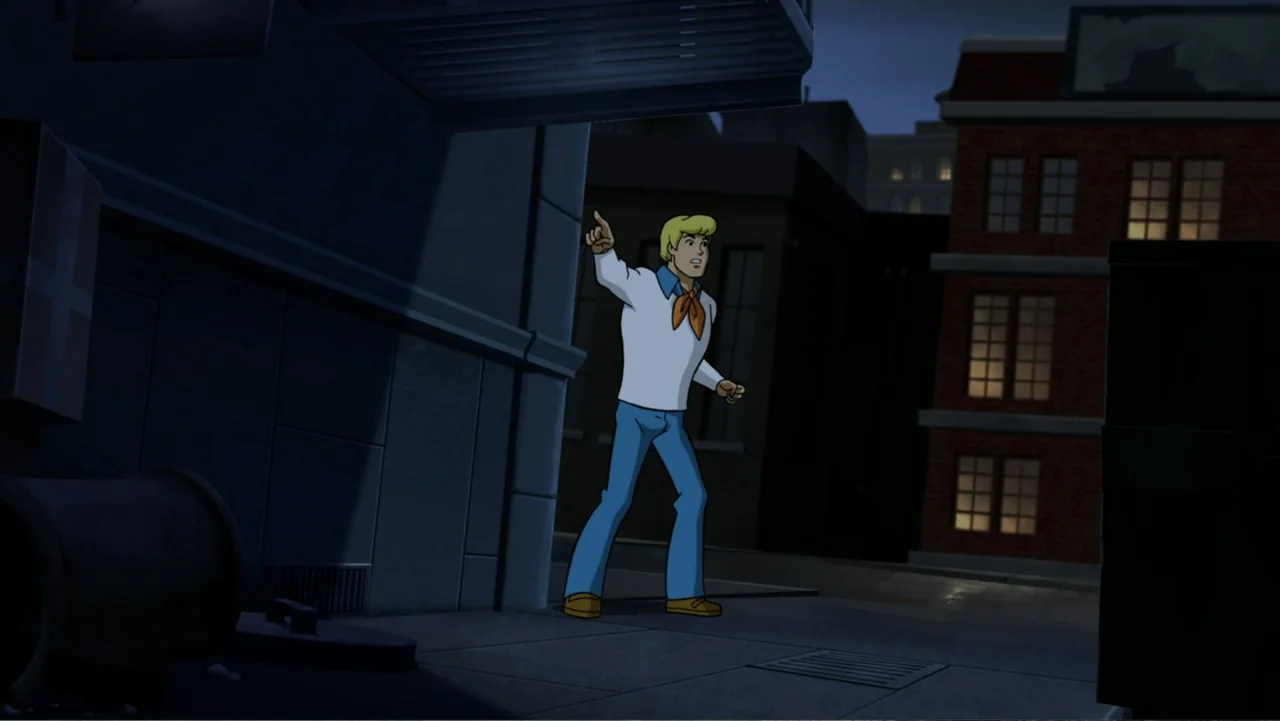 Scooby-Doo! Return to Zombie Island (2019) movie still: medium — A dark urban alleyway features brick structures and heavy shadows under a night…
