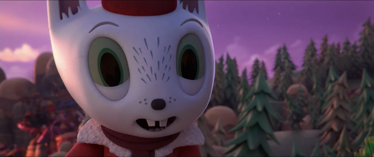 Scarygirl (2023) movie still: closeup — A stylized white animal character stands in a coniferous forest during twilight hours. The character looks…