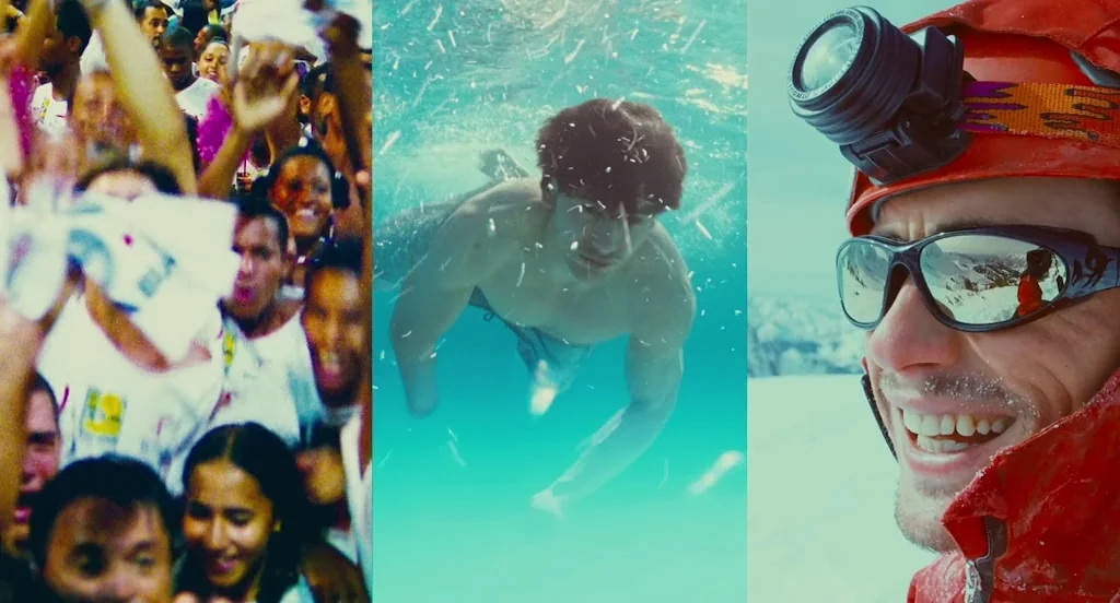 127 Hours (2010) movie still: medium — Three vertical panels display a crowd, a swimmer underwater, and a smiling skier. The frame is a composite of…