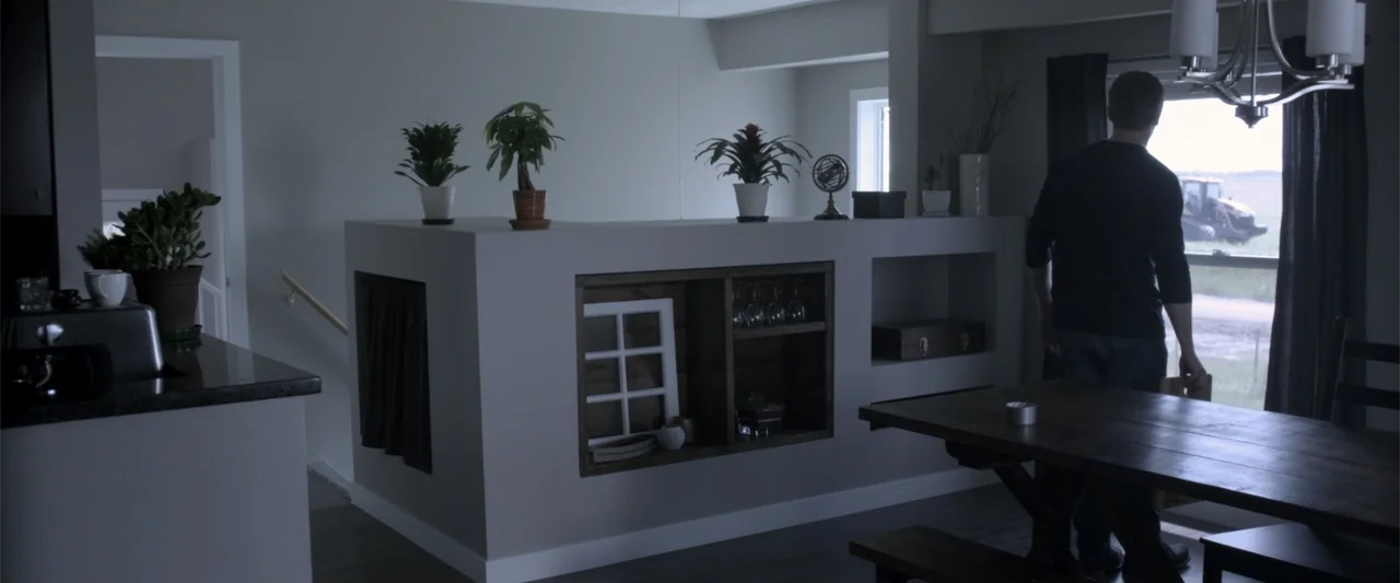 Radius (2017) movie still: medium — A modern living room features a partial wall with shelving and several potted plants. A man in a dark shirt…