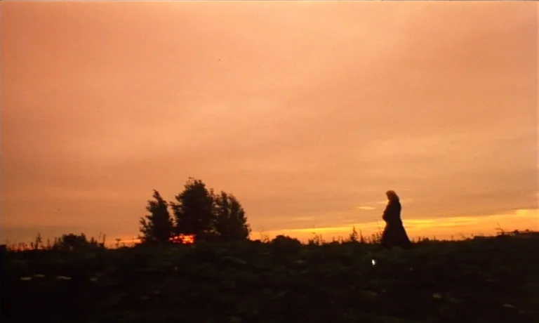 Katie Tippel (1975) movie still: wide — A vast, dark field under a wide, orange-tinted sky at sunset. A lone figure in a dark coat walks across the…