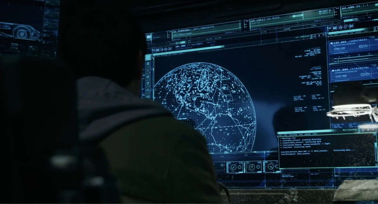 The Flash (2023) movie still: medium — A dark room contains a workstation with multiple large glowing computer monitors displaying maps. A person…