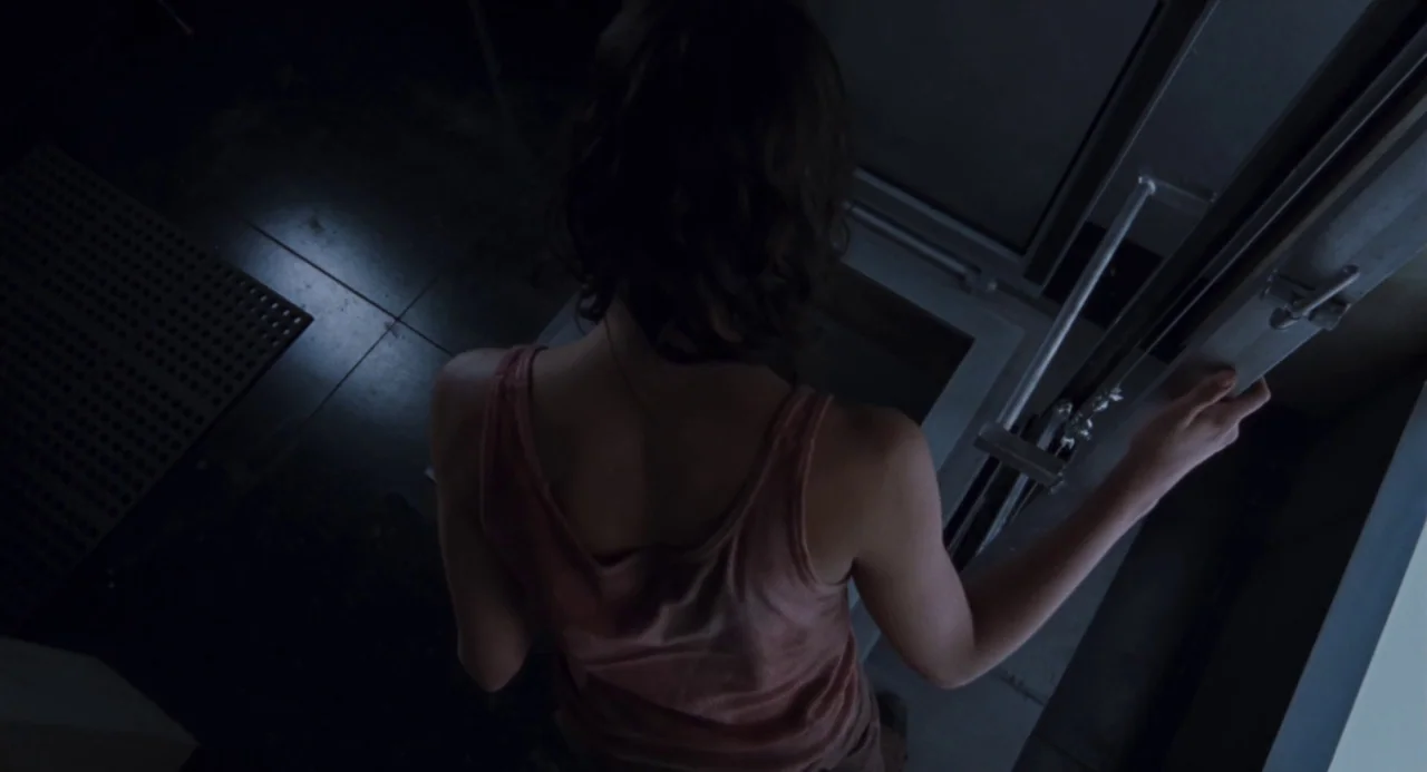 Martyrs (2008) movie still: medium — A dimly lit interior staircase with cool tones and concrete surfaces. A woman viewed from behind descends the…