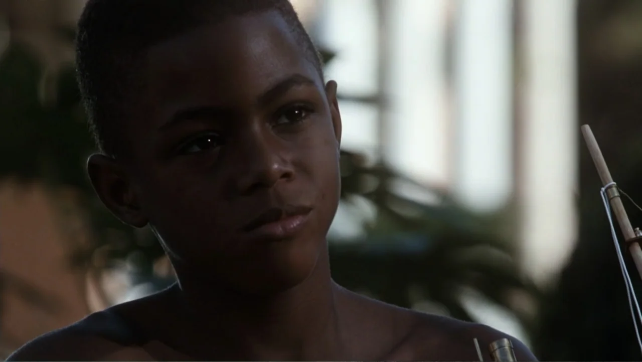 The Bodyguard (1992) movie still: closeup — A close-up shot of a young boy against an out-of-focus background of greenery. The subject gazes toward…
