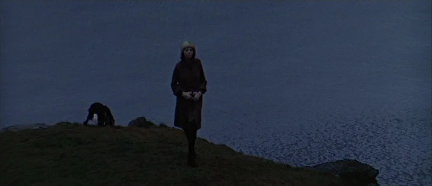 Images (1972) movie still: wide — A woman stands on a grassy cliff edge above dark water during dusk. The figure remains motionless as she overlooks…