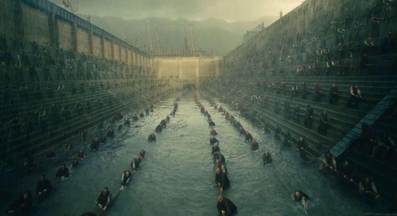 Les Misérables (2012) movie still: wide — A massive concrete dry dock filled with water and rain during a storm. Hundreds of workers stand in long…