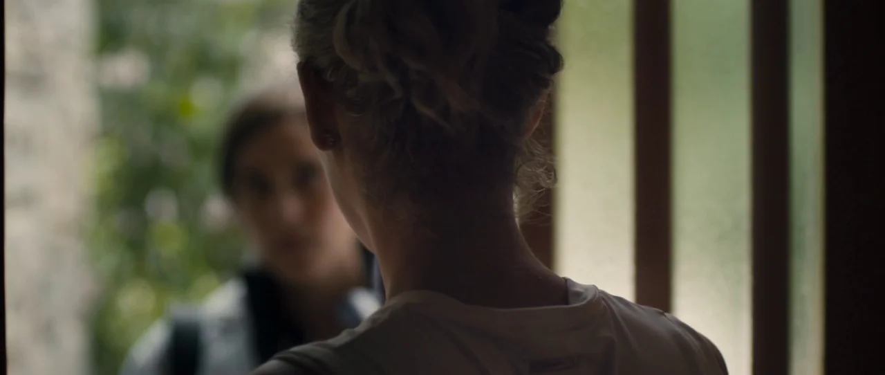 Alps (2011) movie still: medium — A person stands with their back to the camera in a doorway. Another blurred individual stands on the other side of…