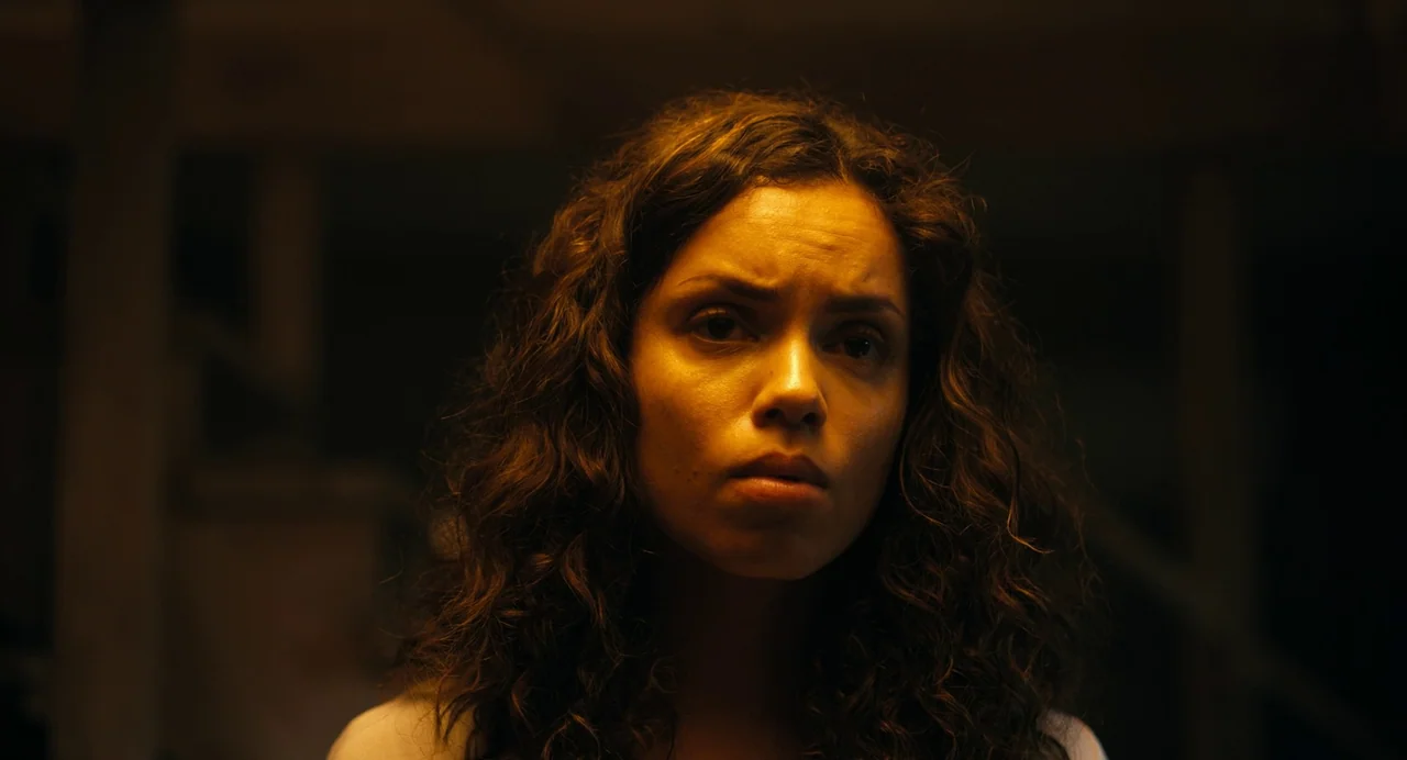 Barbarian (2022) movie still: closeup — A dark, dimly lit indoor space frames the face of a young woman. The subject stares ahead while being…