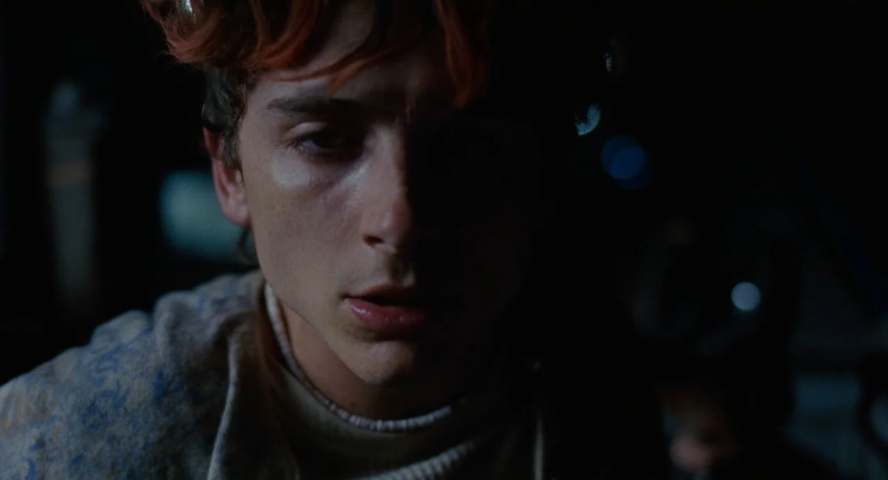 Bones and All (2022) movie still: closeup — Inside a dark vehicle at night, the interior is shadowed with soft highlights. A young man with reddish…