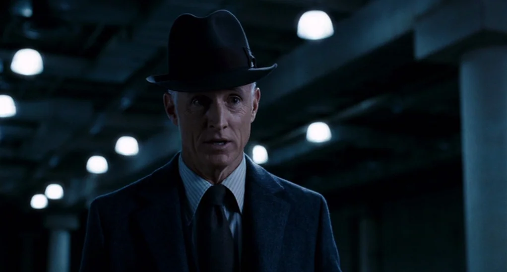 The Adjustment Bureau (2013) movie still: medium — A dark, industrial parking garage with concrete columns and repetitive overhead fluorescent…