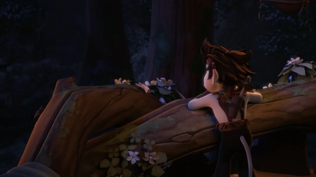 Troll: The Tale of a Tail (2018) movie still: medium — A dimly lit woodland area features a large fallen log with small white flowers. A young…