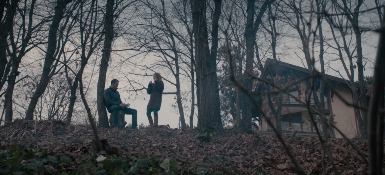 Housewife (2017) movie still: wide — A leaf-covered slope in a winter forest with leafless trees and sparse ground cover. A man rests on a stump…