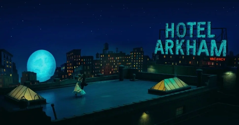 Joker: Folie à Deux (2024) movie still: wide — A flat urban rooftop under a vast night sky featuring a large full moon. A man and woman in formal…