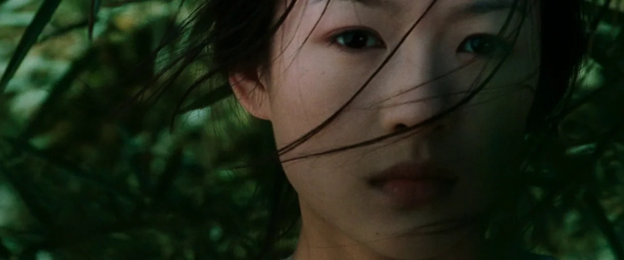 Crouching Tiger, Hidden Dragon (2000) movie still: closeup — A dense green bamboo forest provides a blurred background for a young woman. The woman…