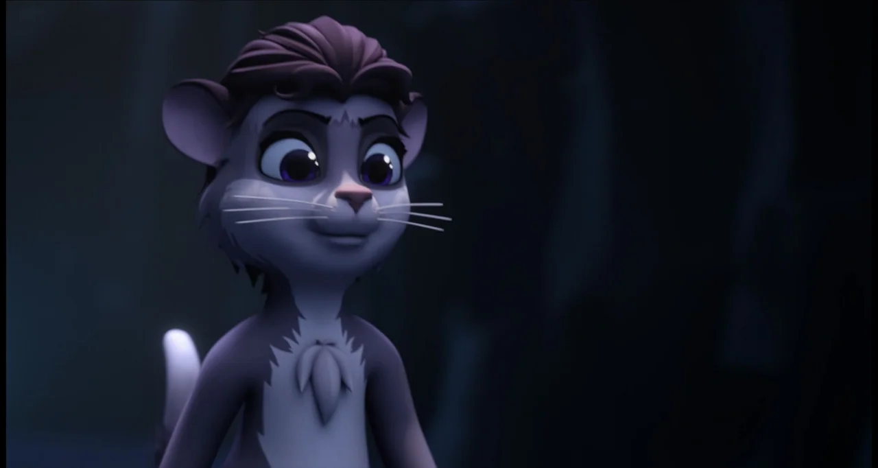 The Wishmas Tree (2020) movie still: medium — A stylized anthropomorphic animal character stands in a dark, indistinct environment. The character…