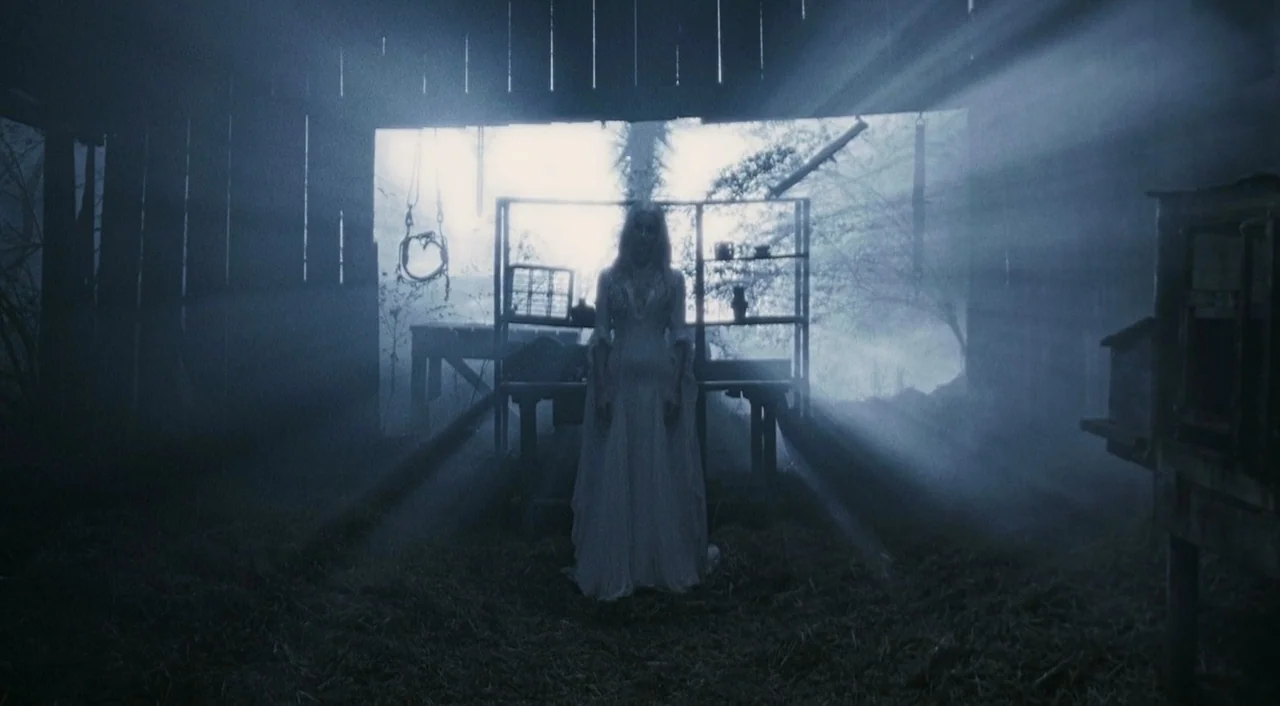 Halloween 2 (2009) movie still: fullbody — A dark wooden barn interior features a woman silhouetted against a bright, hazy doorway. She stands…