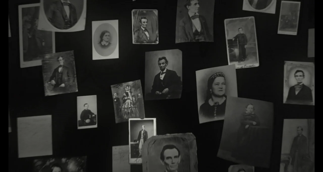 Living With Lincoln (2015) movie still: establishing — A dark, textured wall displays numerous vintage portrait photographs in various sizes and…