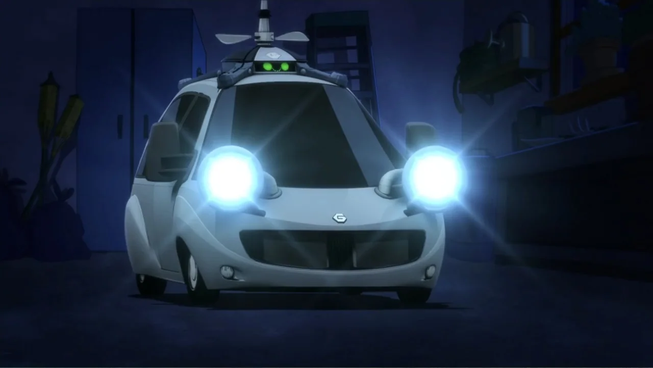 Team Hot Wheels: The Skills to Thrill (2015) movie still: medium — A futuristic car with headlights illuminated sits inside a dimly lit indoor…