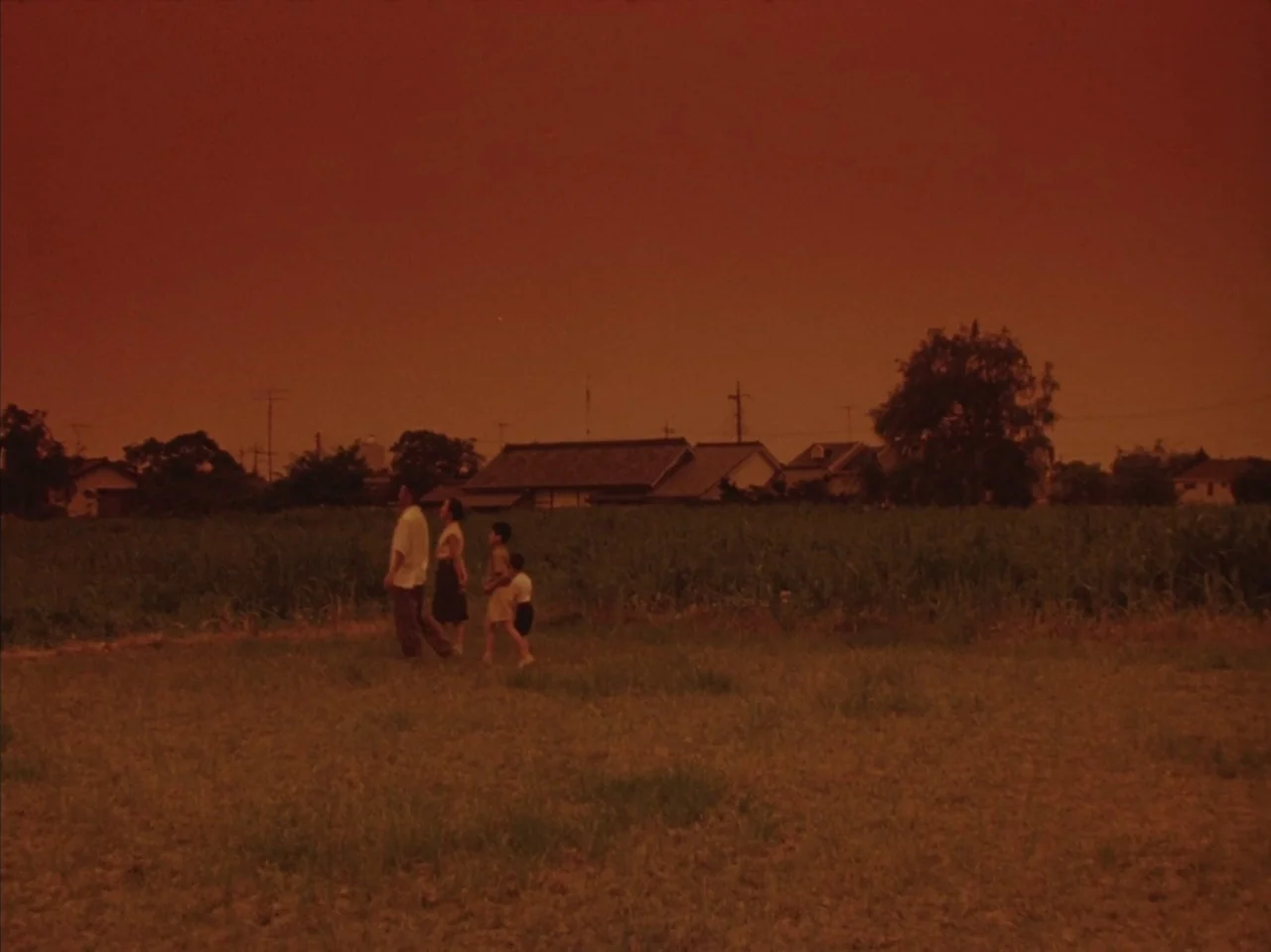 Tetsuo II: Body Hammer (1992) movie still: wide — A group of four people walks through a dry grassy meadow under orange light. In the distance are…
