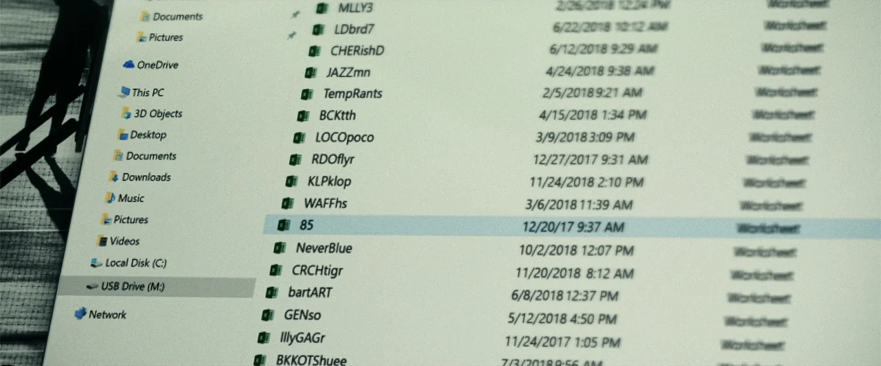 21 Bridges (2019) movie still: closeup — A close-up view of a computer file directory listing multiple spreadsheet documents. The directory path…
