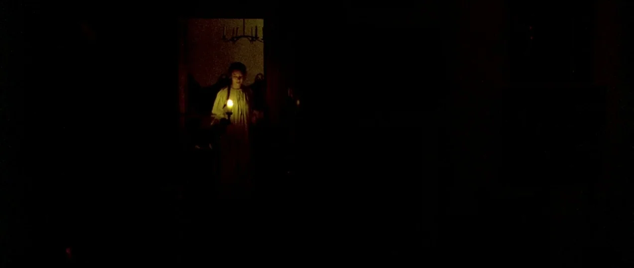 Girl with a Pearl Earring (2003) movie still: wide — A dark, indistinct hallway transitions into a brightly lit doorway where a woman stands. She…