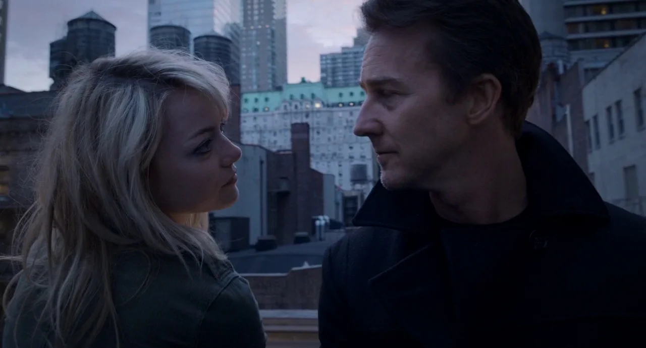 Birdman (2014) movie still: medium — A high-rise rooftop in New York City with water towers visible in the background. A man and a woman stand…