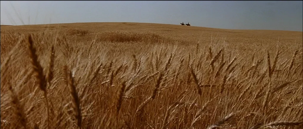 Unforgiven (1992) movie still: establishing — A vast field of mature golden wheat fills the foreground and midground of the frame. Two tiny figures…