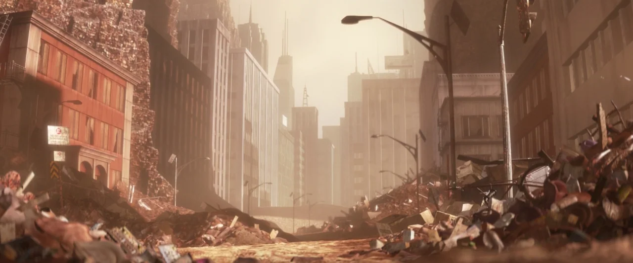 Wall-E (2008) movie still: establishing — An empty city street is choked with debris and piles of rubble under a haze. Skyscrapers rise in the…