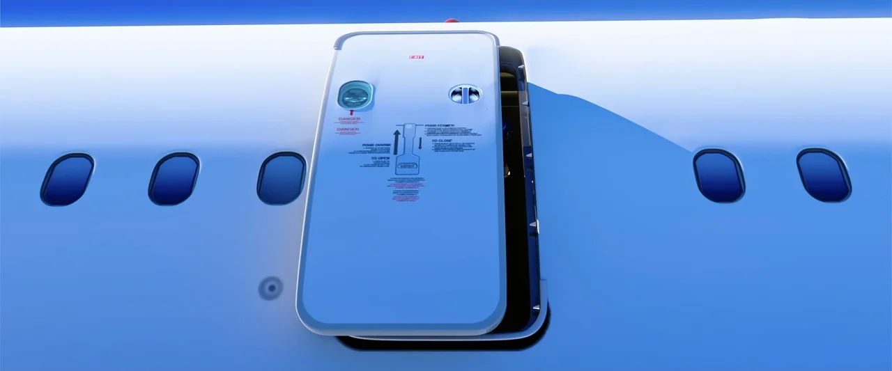 Happy Family (2018) movie still: medium — The exterior side of a commercial aircraft features a white fuselage with dark window portals. An…