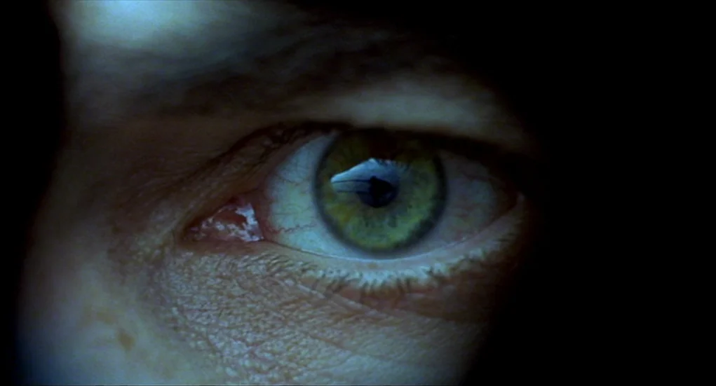 Tiresia (2003) movie still: closeup — The frame is filled by a human eye looking through a small dark opening. The iris shows intricate green and…