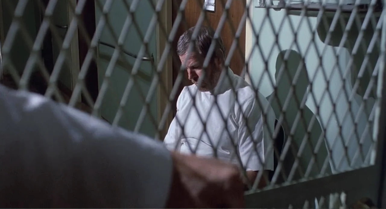 Death Wish II (1982) movie still: medium — An interior space features a metal mesh barrier dividing the frame foreground. A middle-aged man in a…