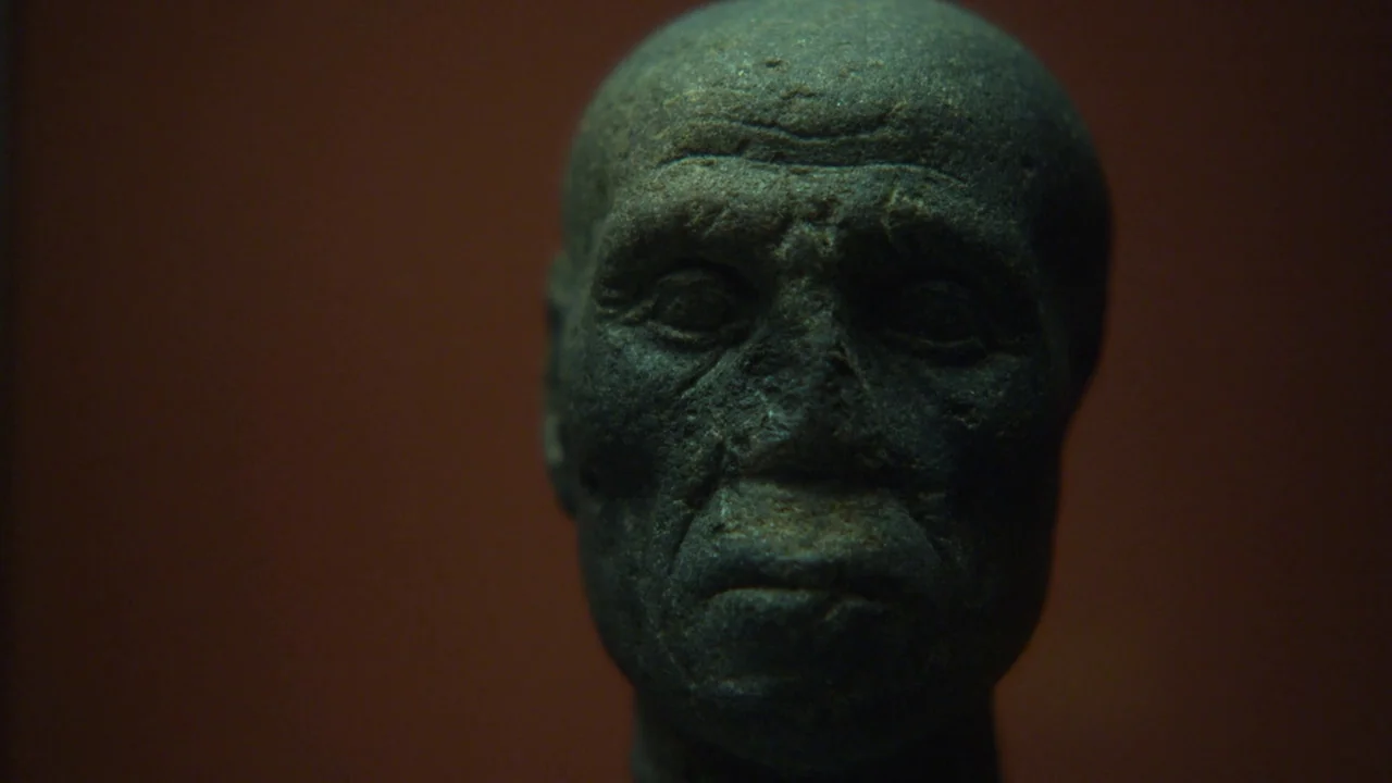 Museum Hours (2012) movie still: closeup — A stone sculpture of a human head sits centered against a dark brown background. The textured, weathered…