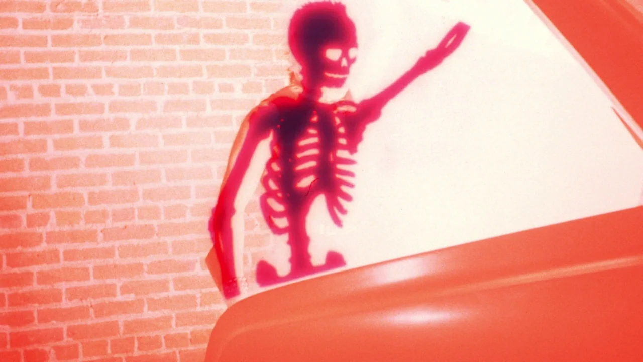 Repo Man (1984) movie still: medium — A textured light red brick wall serves as the primary backdrop. A bright red skeleton image is positioned in…