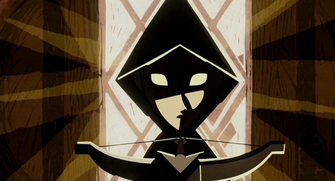 Wolfwalkers (2020) movie still: closeup — An abstract background features a glowing white diamond pattern behind the character. A hooded figure…