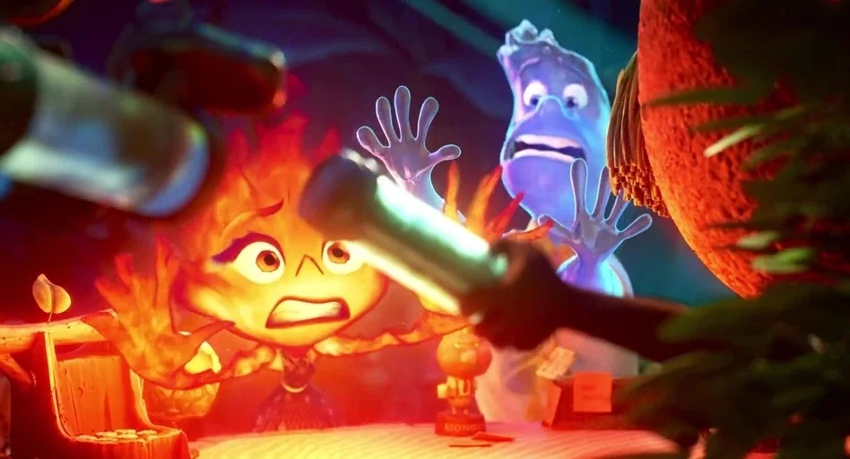 Elemental (2023) movie still: medium — A cluttered retail counter features glowing fire and water elemental characters in dark surroundings. The…