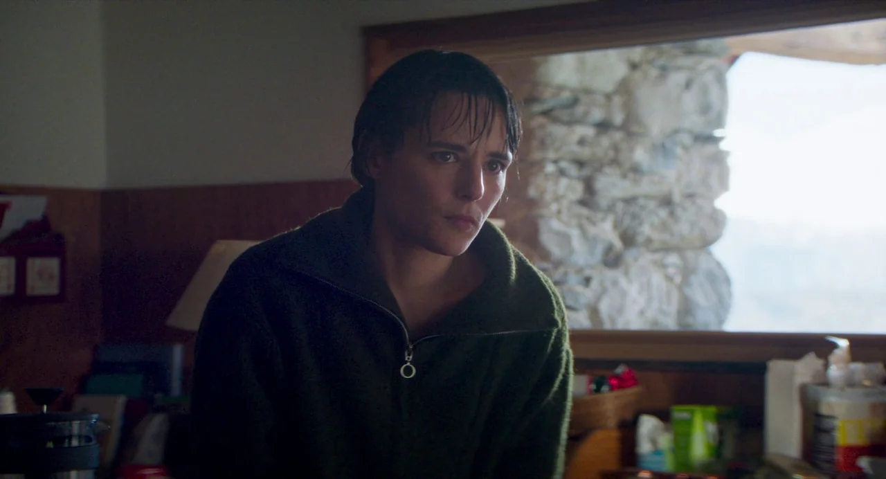 Anatomy of a Fall (2023) movie still: medium — A rustic cabin interior features wood paneled walls and a window overlooking stone masonry. A woman…