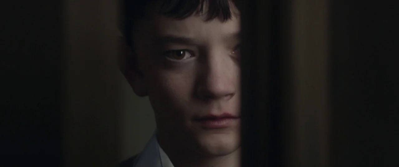 A Monster Calls (2016) movie still: closeup — A dark, shadowed space where a person looks through a thin vertical opening. The person faces forward…