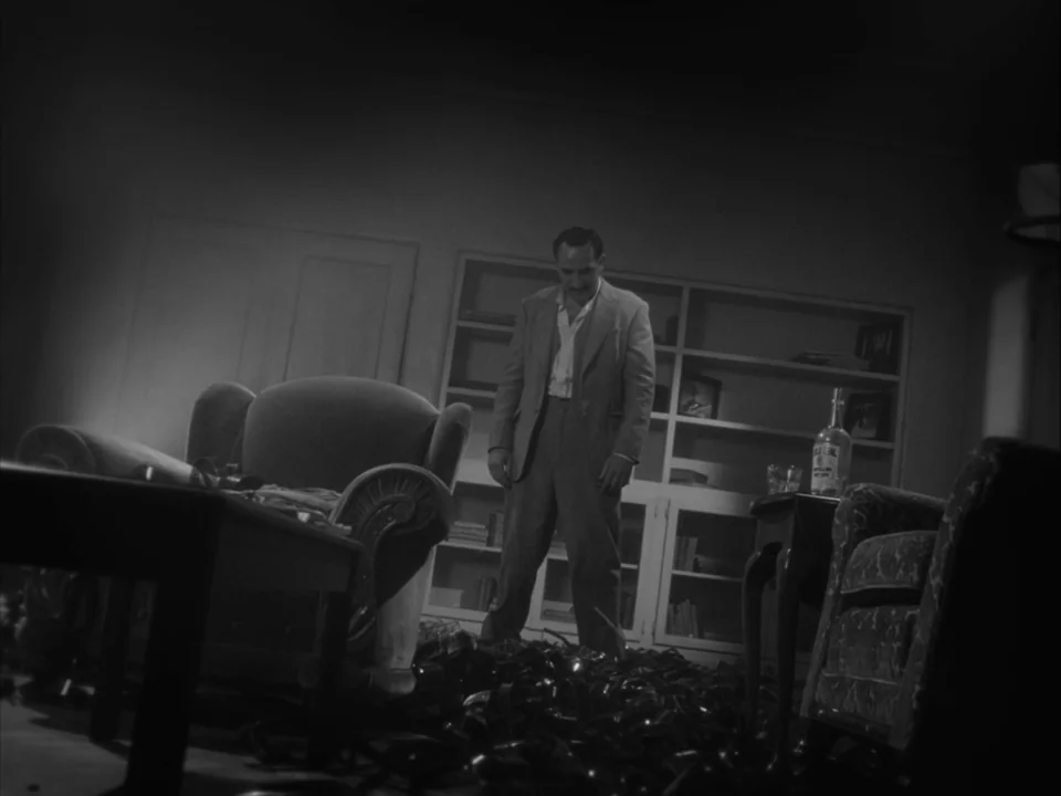 The Artist (2011) movie still: fullbody — A dark, dimly lit study features a central shelving unit against the wall. The floor is covered in a dense…
