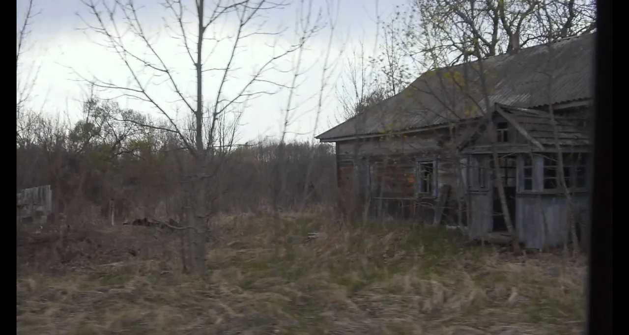 Chernobyl's Café (2016) movie still: wide — An abandoned wooden house sits surrounded by dead grass and leafless trees. The structure is weathered…