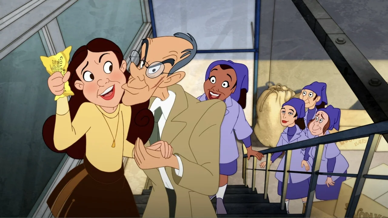Tom and Jerry: Willy Wonka & the Chocolate Factory (2017) movie still: medium — A group of people stands on a stairway inside a large industrial…