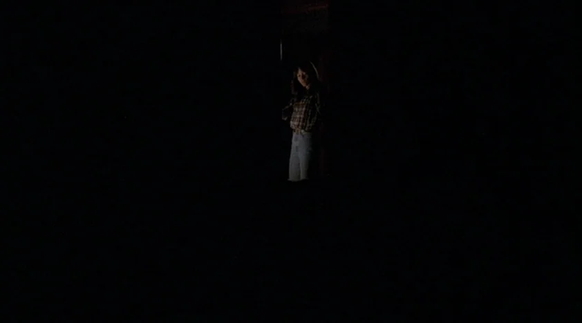 The House Of The Devil (2009) movie still: wide — A woman stands alone in a dark doorway illuminated by minimal backlighting. She is captured from a…
