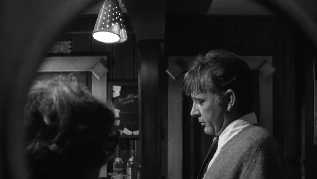 Who’s Afraid Of Virginia Woolf? (1966) movie still: medium — An interior bar setting with dark wood paneling and a metal hanging lamp. A man faces a…