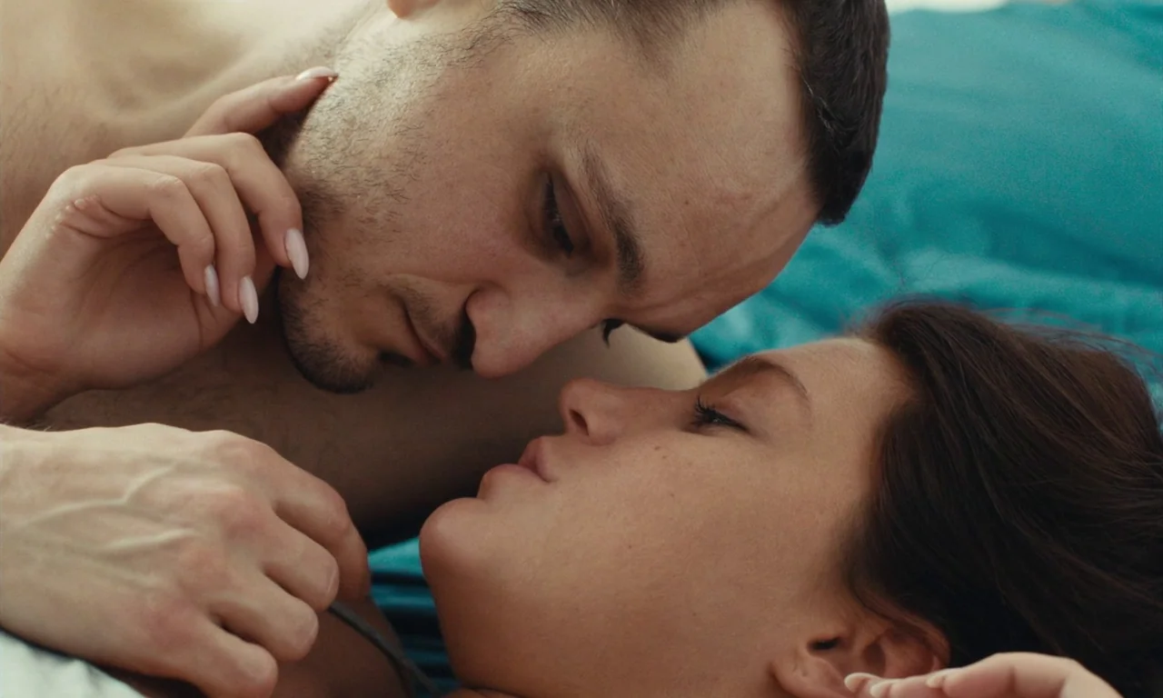 Passages (2023) movie still: closeup — A man and woman lie face to face on teal colored bedding. They are positioned close together in an indoor…